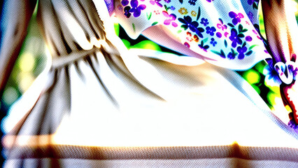 Tiny floral print decorating a flowing summer dress in soft light