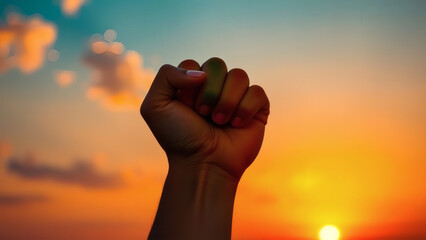 Rainbow fist raised against a sunset sky with LGBTQ pride flag colors