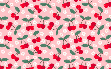 Sweet cherry pattern background. Vector cute summer fruit print with red cherries, white flowers on pink. Juicy berry and blossom texture for wrapping, wallpaper, fabric, summer textile, fashion.