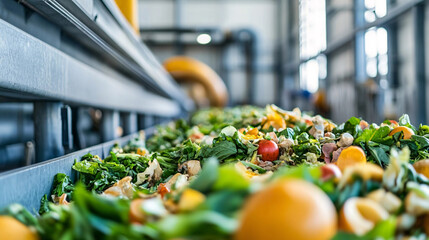 Organic waste on a conveyor belt at a composting facility, ready for transformation and recycling.