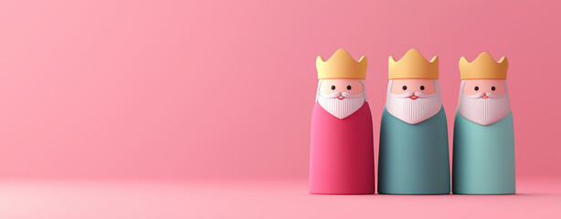 Colorful figurines of three kings with crowns, set against soft pink background, evoke playful and festive atmosphere