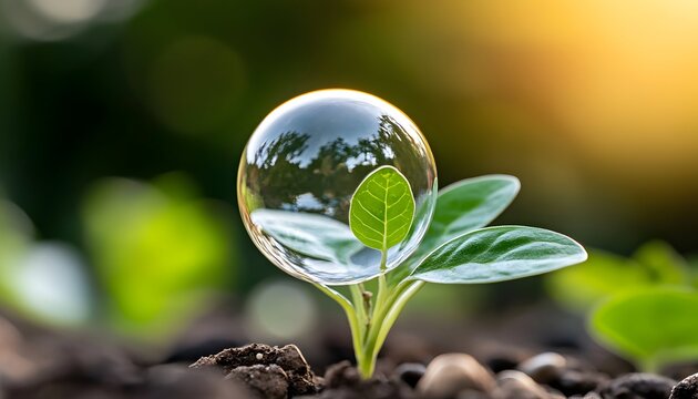 A delicate soap bubble hovers over a sprouting plant, reflecting nature's beauty and fragility