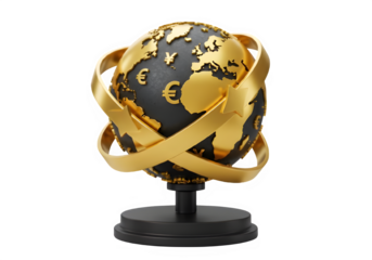 Global finance concept.  A dark globe with gold currency symbols and arrows.