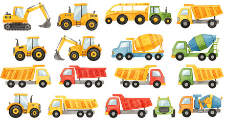 Construction vehicles cartoon vector illustration set excavator tractor dump truck cement mixer for kids