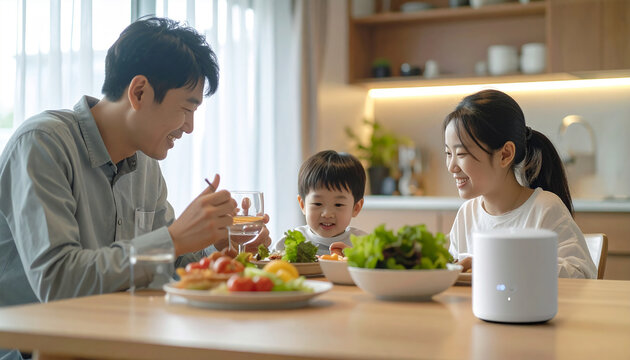 Family Mealtime Bliss: Capture a heartwarming moment of a family sharing a nutritious and delicious meal together, enjoying each other's company and savoring the simple joys of everyday life. 