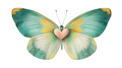 A colorful watercolor butterfly with a pink heart body spreads its wings on a clean white background scene.