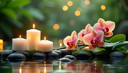 Zen Spa Scene with Glowing Candles, Orchids, Mossy Stones, and Water Reflection