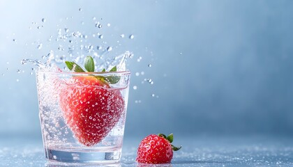 A ripe strawberry splashes into a glass of water, creating a dynamic, refreshing scene.  A second strawberry rests nearby