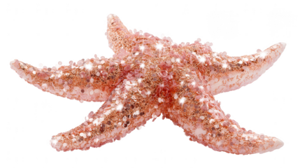 A glittery pink starfish is isolated against a bright white background shimme with tiny golden particles.