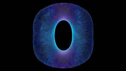 Abstract, geometric, glowing,  circular,  letter 'O' design.  Intertwined,  mesh,  lines,  color gradient,  dark background
