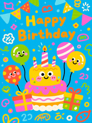 Obraz premium Cute hand drawn Happy Birthday with cake, gifts, balloons, and doodles, perfect for a playful celebration wallpaper with cake and balloons.