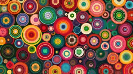 Psychedelic pattern featuring vibrant circles and stripes in a kaleidoscope of colors like green, red, orange, blue, pink, purple, yellow and white, creating an abstract.