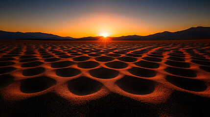 Sunset Over a Repeating Pattern of Sand Dunes in the Desert
