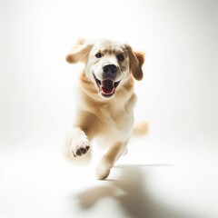 Happy golden retriever dog running happily towards the camera, fur flying, isolated on white background, full of energy and excitement, studio lighting, motion blur on paws.