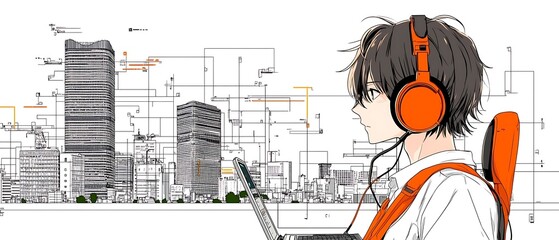 Urban anime boy with headphones and laptop