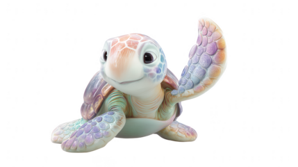 A colorful adorable baby sea turtle figurine waves with its flipper on a clean white background studio shot.