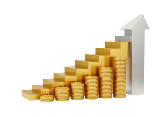 Golden staircase leading to success. Stacks of coins represent financial growth and prosperity.