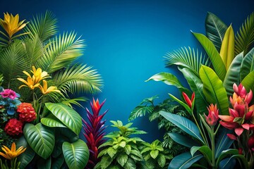 Obraz premium Lush Tropical Leaves & Flowers, Blue Background, Copy Space - Vibrant Stock Photo