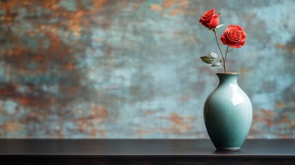 A simple yet elegant Chinese scholar table with a matte black finish, featuring a slender celadon vase with a single red rose. The emptiness of the background evokes Zen.