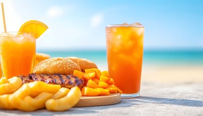 Beachside meal with grilled chicken, fries, mango, buns, and orange juice