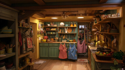 Rustic Vintage Kitchen Interior With Wooden Cabinets