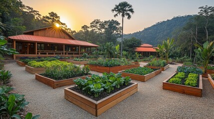 Fototapeta premium Sunrise over a lush garden with raised beds, a wooden building and tropical foliage