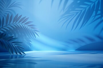 Serene Minimalist Tropical Night Scene Blue Palm Leaves and Tranquil Water