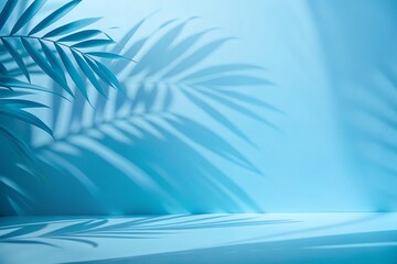 Serene Minimalist Blue Background with Palm Leaf Shadows