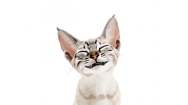 Digitally illustrated portrait of a happy smiling cat with closed eyes and ears pointing upwards on white