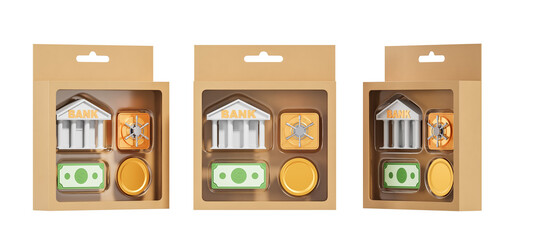 Banking-themed toy set with bank, vault, dollar bill, and coin icons in plastic packaging, isolated on white background. Concept of finance and economy. 3D Rendering