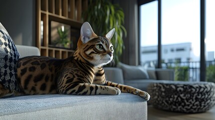 A Bengal cat relaxes on a modern couch.