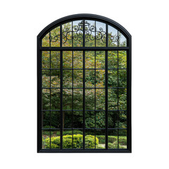 Elegant Arch Window Design with Lush Green Foliage Visible Through Glass on transparent background