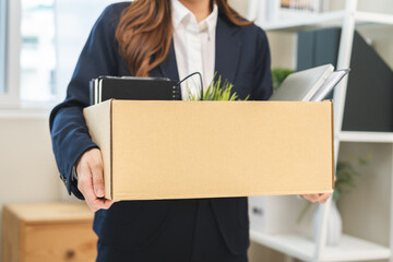 Unemployment, quitting job concept, desperate asian young business woman resigning or fired, leave...