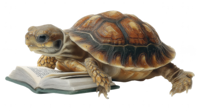 A brown tortoise rests upon an open book while looking directly at the viewer on a white background.