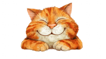 Adorable ginger cat with closed eyes smiles widely while leaning paws on surface against clean white background.