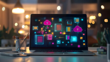 Modern Laptop Display With Cloud Computing Graphics