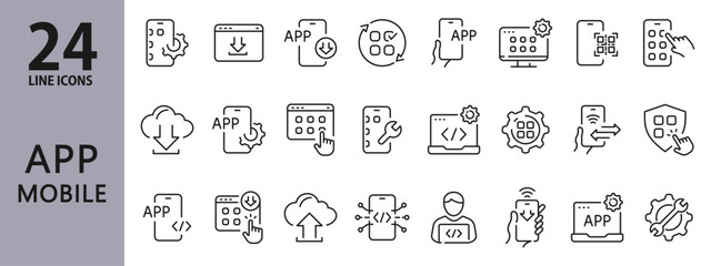 Mobile Application line icons set with App, Smartphone, Software, Technology, Programming, Interface and more. Editable Stroke