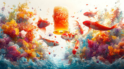 Colorful goldfish in underwater coral scene