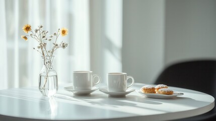 Fototapeta premium minimalist business meeting coffee break, clean white table, espresso cups, sparkling water, small pastries, elegant setting 