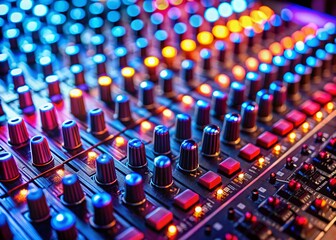 Obraz premium Macro Photography: Sound Mixer Control Panel with Red & Blue LED Lighting