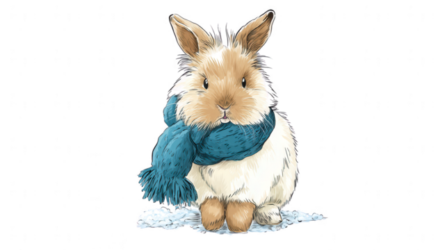 An adorable fluffy bunny wea a blue scarf stands happily on a snowy white ground in winter season. - Powered by Adobe