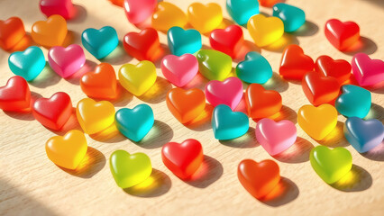 rainbow heart gummies scattered on wooden table, soft natural light