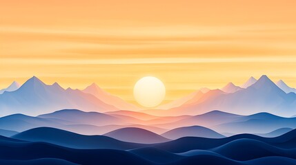 Serene sunset over a range of layered, blue mountains