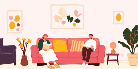 Cozy interior illustration with person enjoying quality time, embracing the peaceful moment with books in their hands. Peaceful scene of individuals reading indoors.