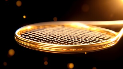Obraz premium A gleaming golden tennis racket, elegantly poised against a dark background, illuminated by warm, glowing lights