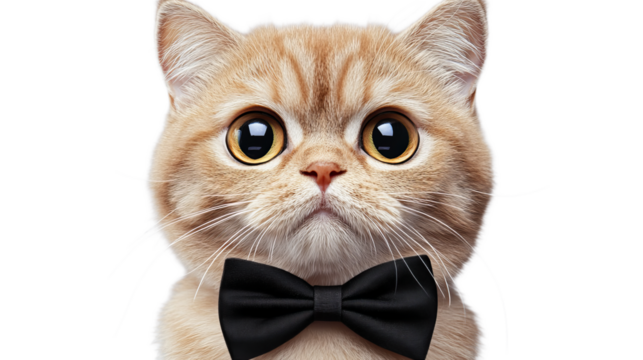 Cat is staring with large eyes while wearing a black bow tie against a solid black background.