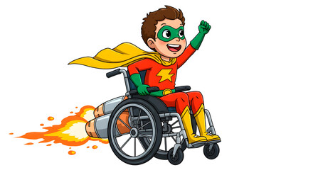 Empowered Cartoon Young Superhero in Jet-Powered Wheelchair