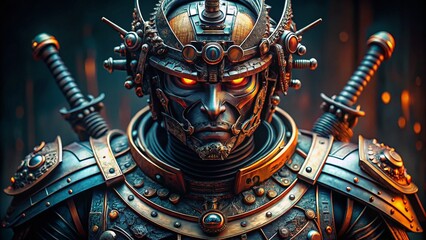 Fototapeta premium Macro Shot: Robotic Samurai Warrior - Steel Details, Futuristic Technology, Close-up Mechanical Components