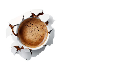 Coffee fills a white cup with cracked ceramic edges against a stark black background, creating a visually striking contrast.