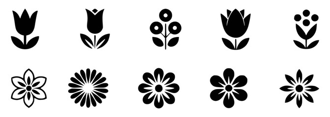 Black flower and floral icons set isolated on white